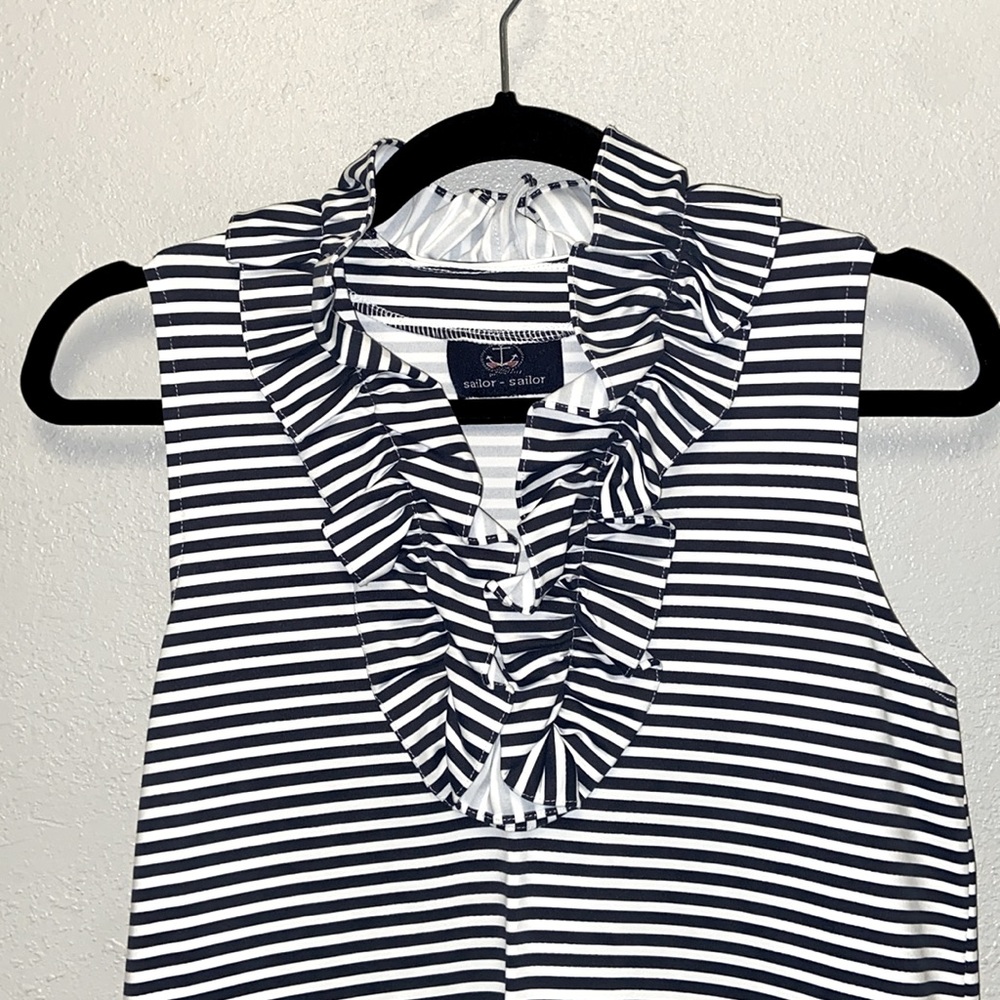 Sailor Sailor Skipper Black White Striped Sleeveless Ruffled Collar Shift Dress - Picture 3 of 7